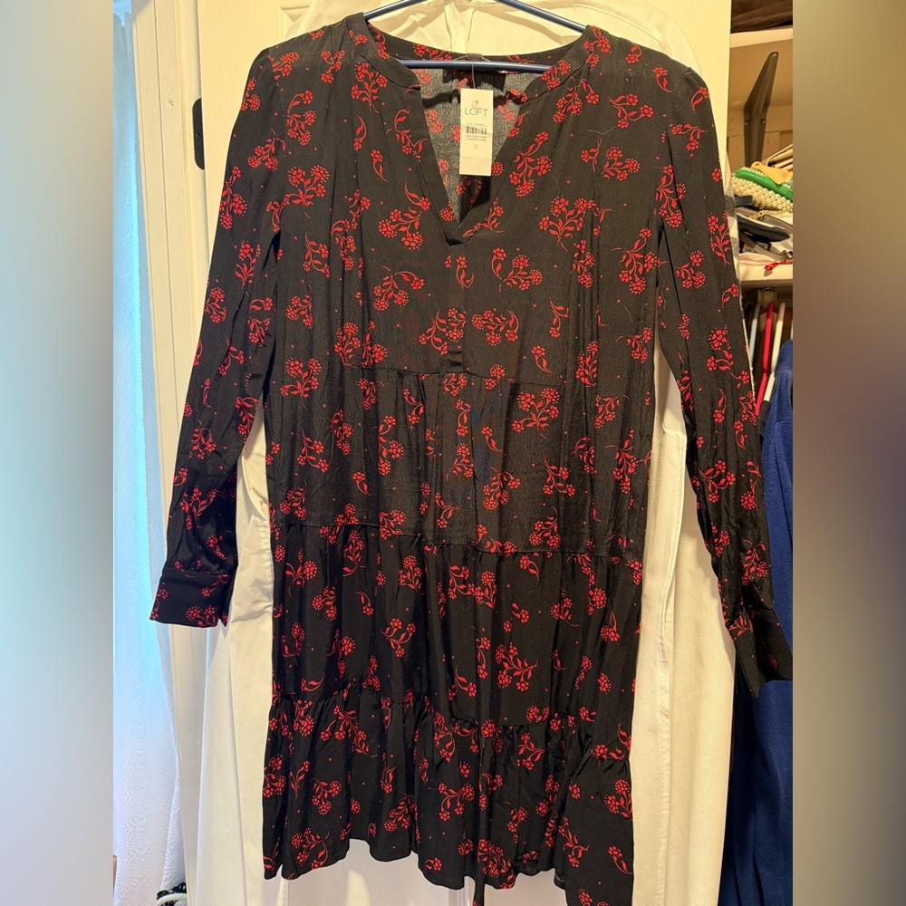 LOFT Black and Red Floral Long Sleeve Dress